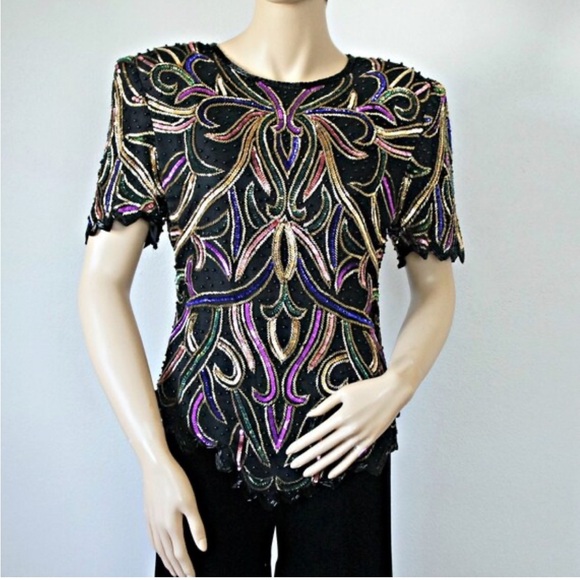 Vintage Lawrence Kazar sequined beaded silk top GVC size M - Picture 1 of 12